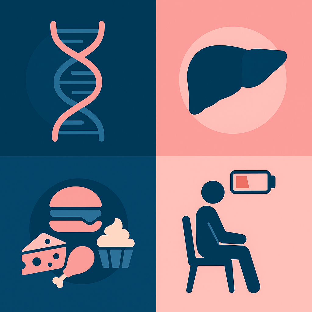 Illustration des causes du cholestérol élevé : ADN, foie, aliments gras et sédentarité