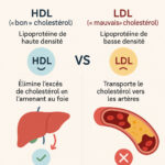 Infographie montrant la différence entre le HDL, bon cholestérol éliminant l’excès vers le foie, et le LDL, mauvais cholestérol transportant le cholestérol vers les artères et favorisant les plaques.