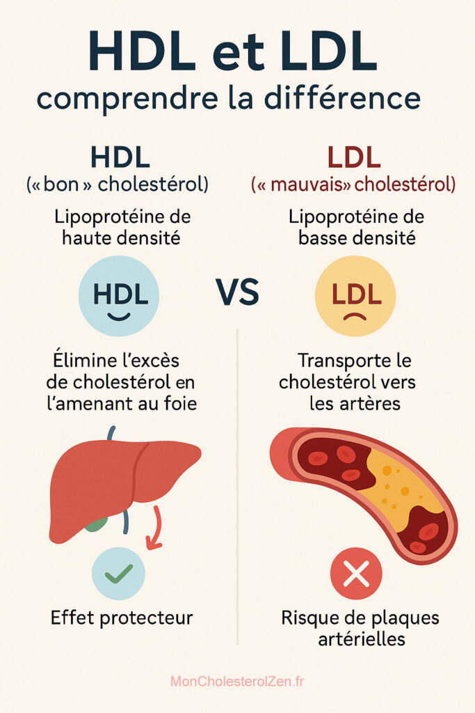 Infographie montrant la différence entre le HDL, bon cholestérol éliminant l’excès vers le foie, et le LDL, mauvais cholestérol transportant le cholestérol vers les artères et favorisant les plaques.