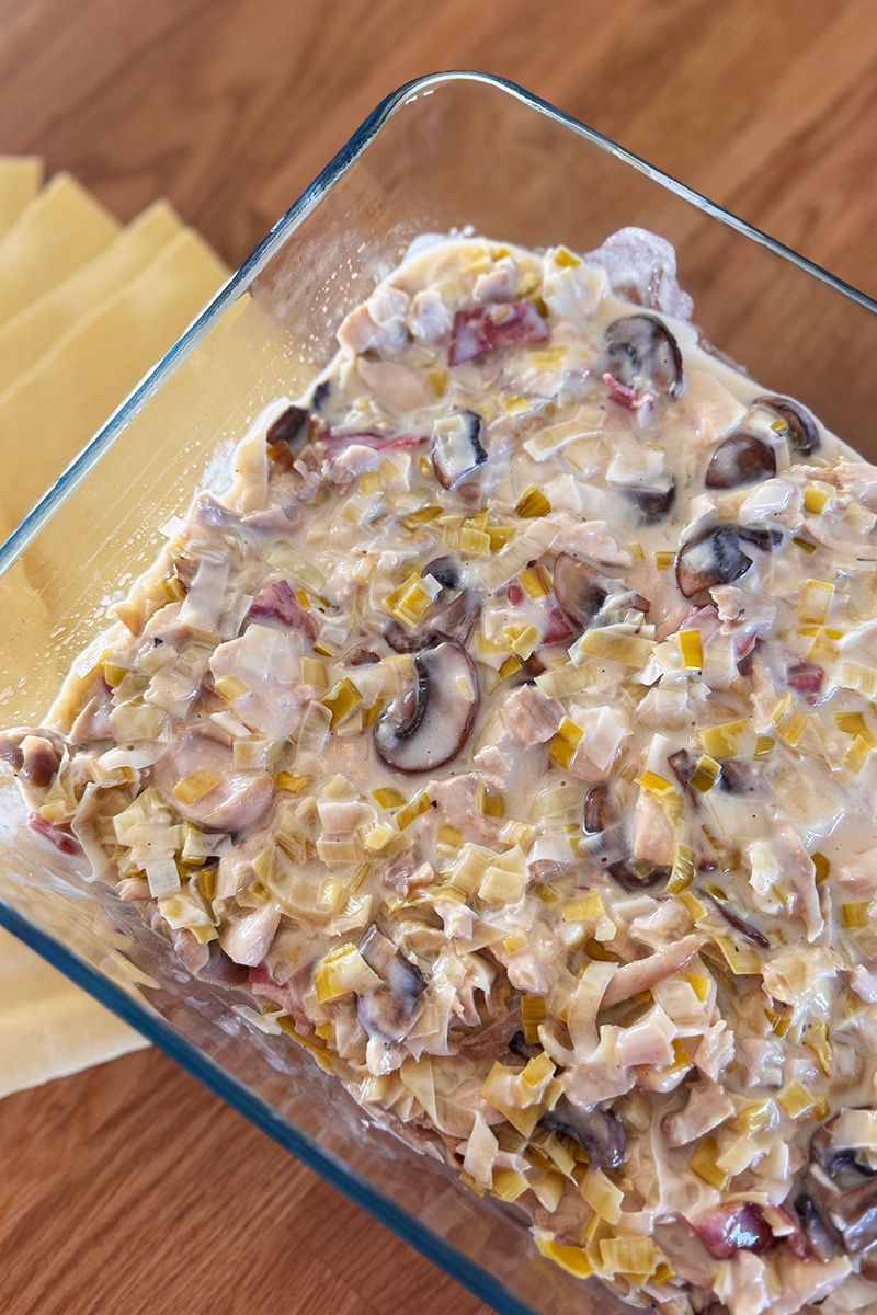 Plat de lasagnes de poulet aux poireaux et champignons, gratinées avec une béchamel dorée dans un plat en terre cuite.