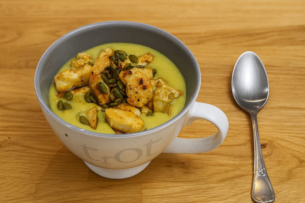 Velouté de fèves servi dans un bol, garni de morceaux de poulet dorés et de graines de courge, posé sur une table en bois avec une cuillère à côté.