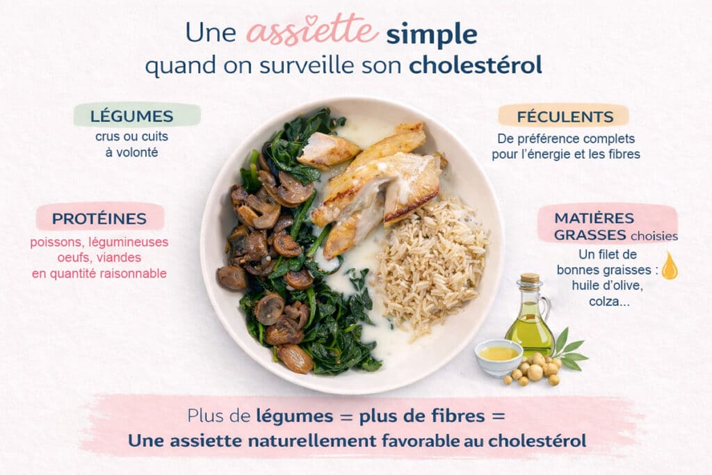 Assiette simple et équilibrée avec légumes, féculents complets, protéines et bonnes graisses, adaptée quand on surveille son cholestérol