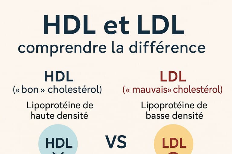Infographie HDL et LDL : comprendre la différence entre bon et mauvais cholestérol Infographie montrant la différence entre le HDL, bon cholestérol éliminant l’excès vers le foie, et le LDL, mauvais cholestérol transportant le cholestérol vers les artères et favorisant les plaques.
